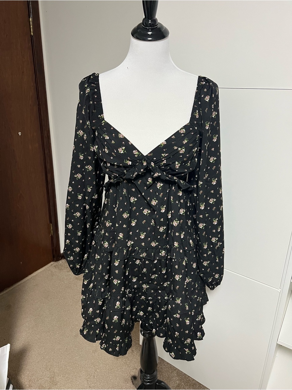 NWOT altar d state Black Floral V-Neck Ruffle Mini Dress
